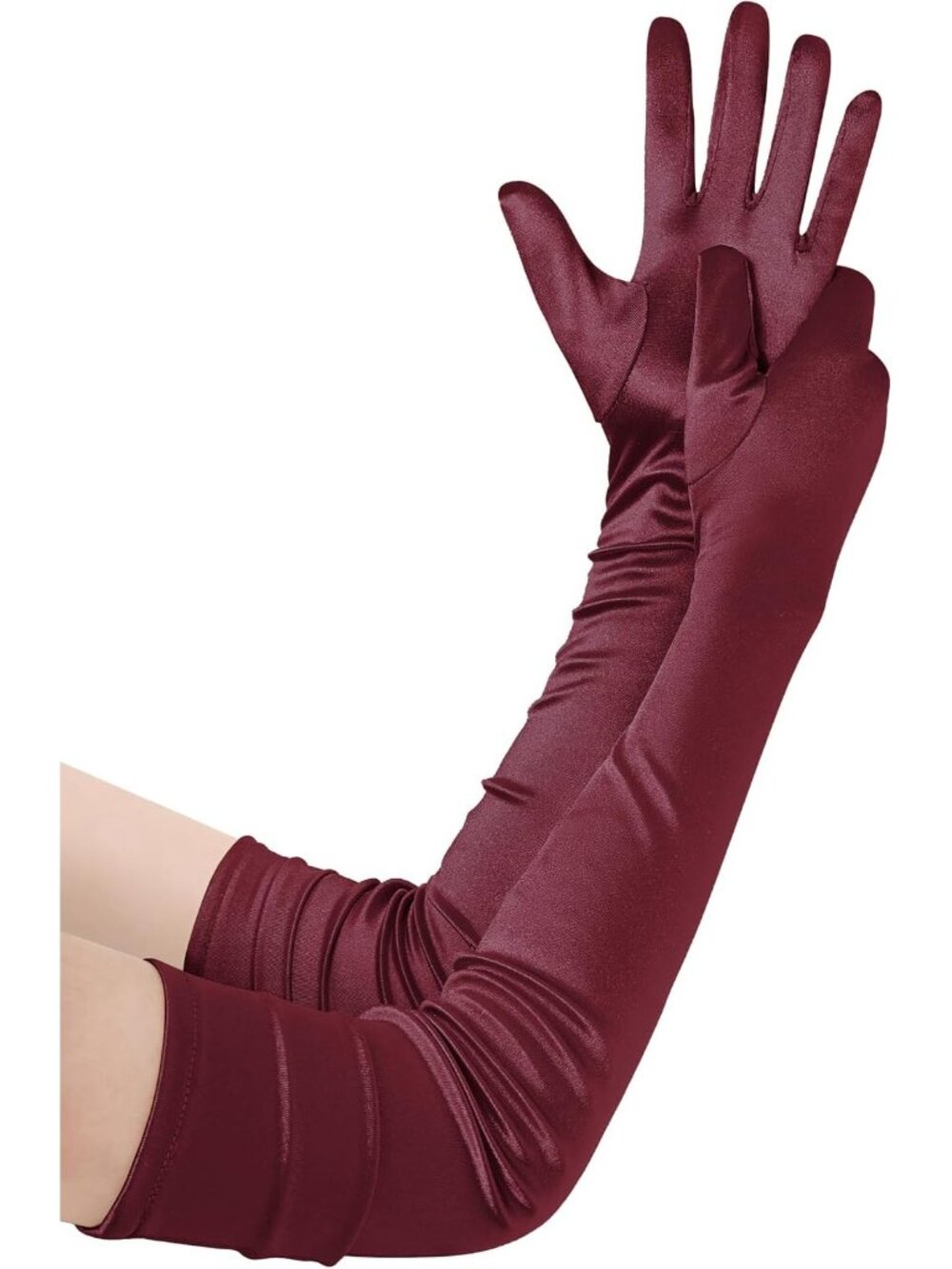 Women Dark Red Stretchy Satin Upper Arm Length 1920s Flapper Long Opera Gloves